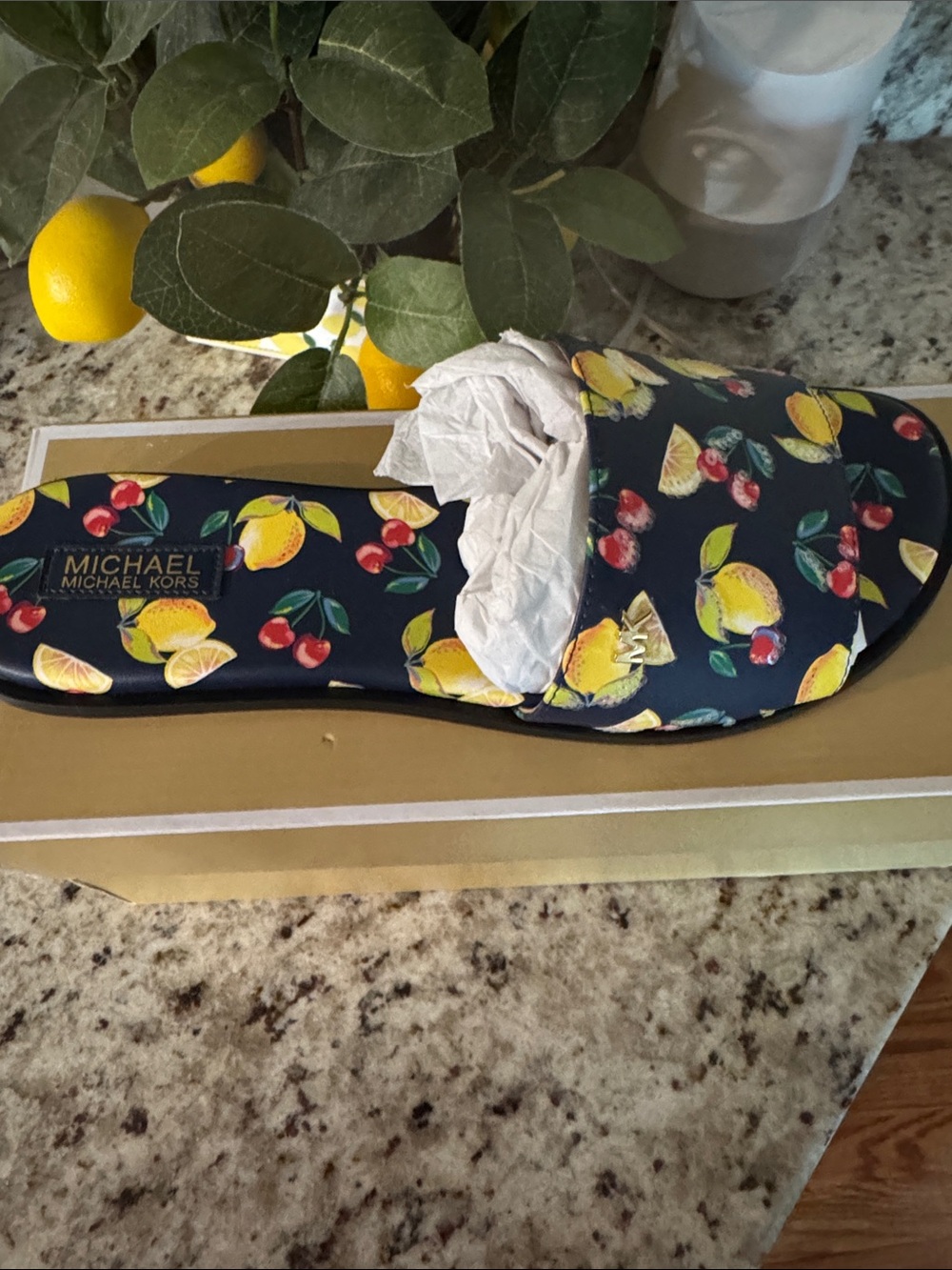 MICHAEL Michael Kors Navy Slide Sandals with Lemon & Cherry Print